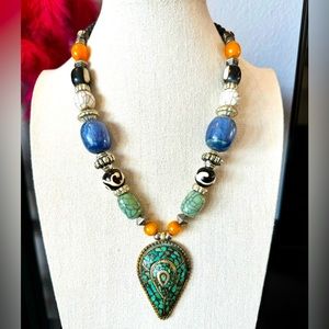 Artisan Nepal Clay and Stone Beaded Necklace with Brass Pendant